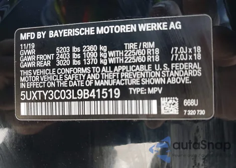 2020 BMW X3 Sdrive30I из США, поврежденный, VIN 5UXTY3C03L9B41519